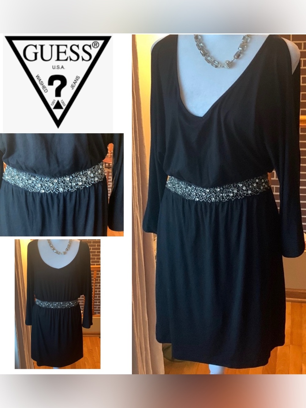 6/$20 Guess Long Sleeve Cold Shoulder Cinched Waist with Embellishments EUC M - Picture 1 of 16